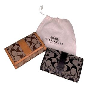Two (2) Vintage Coach signature Wallets, black & grey and brown & tan 1 dust bag